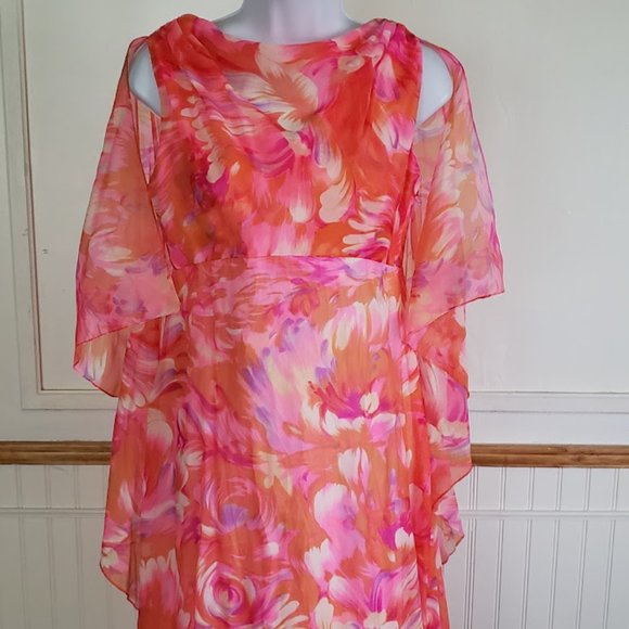 SOLD Vtg 60s Maxi Dress Women's Size 12 Watercolor Floral Pink Orange Capelet - Picture 5 of 13